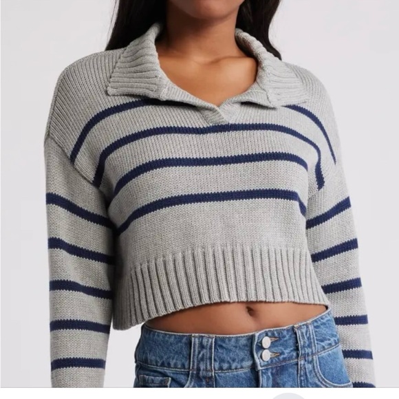 Pacsun Blue Gray Stripes Cotton Academia Collegiate Crop Polo Sweater XL NWT - Picture 1 of 8